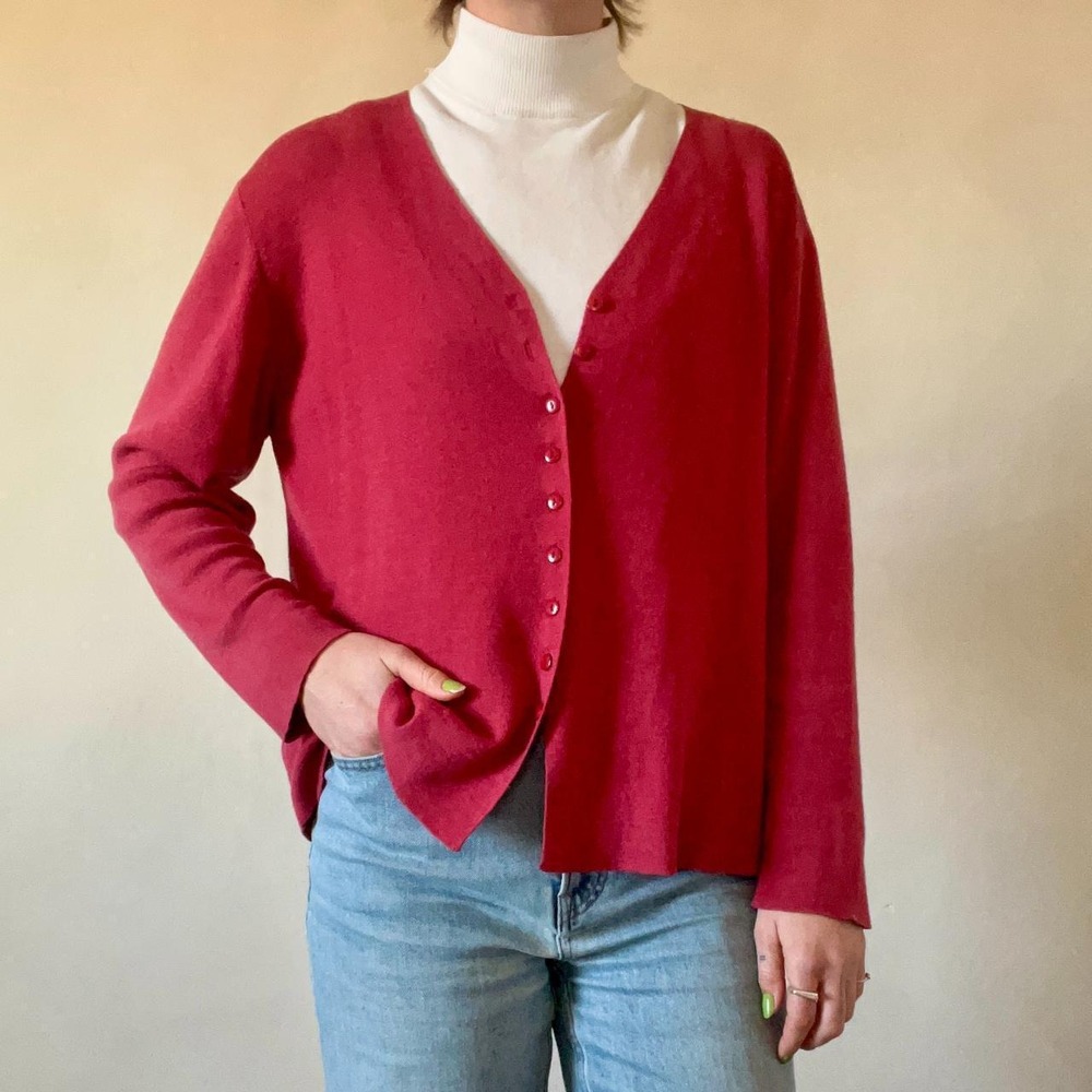 Women Wool Button-Up Sweater | Red & Pink V-Neck Cardigan | Oversized M/L